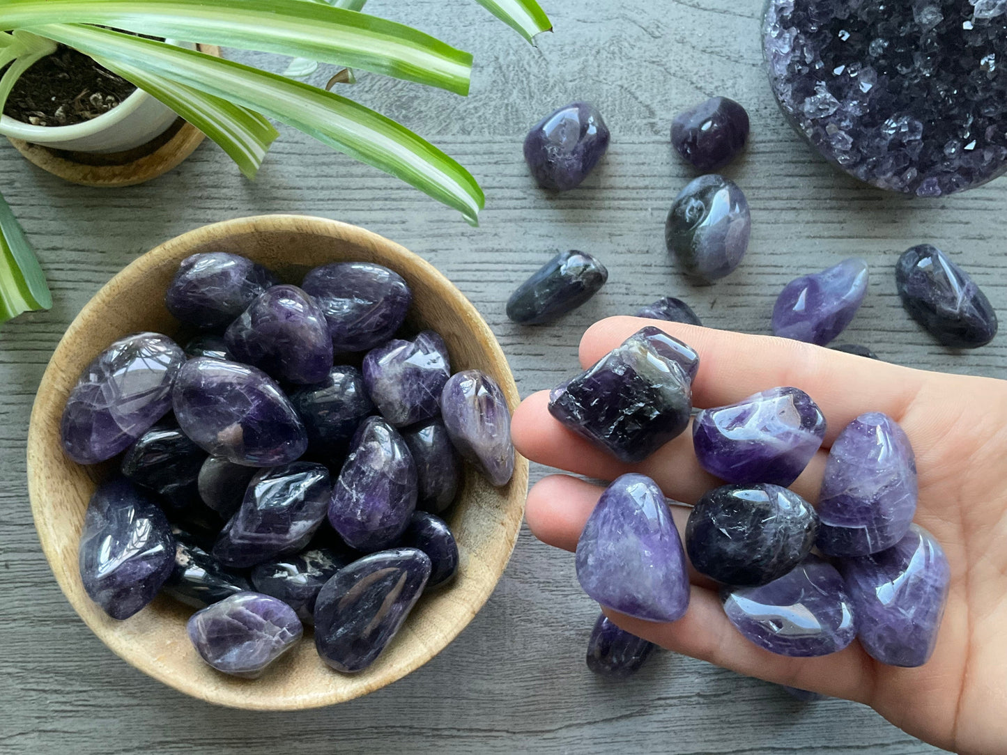 Pictured are various amethyst tumbled stones.