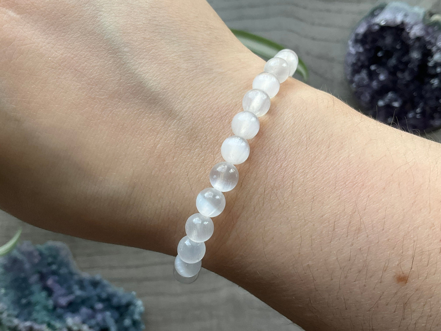 Pictured is a selenite bead bracelet.