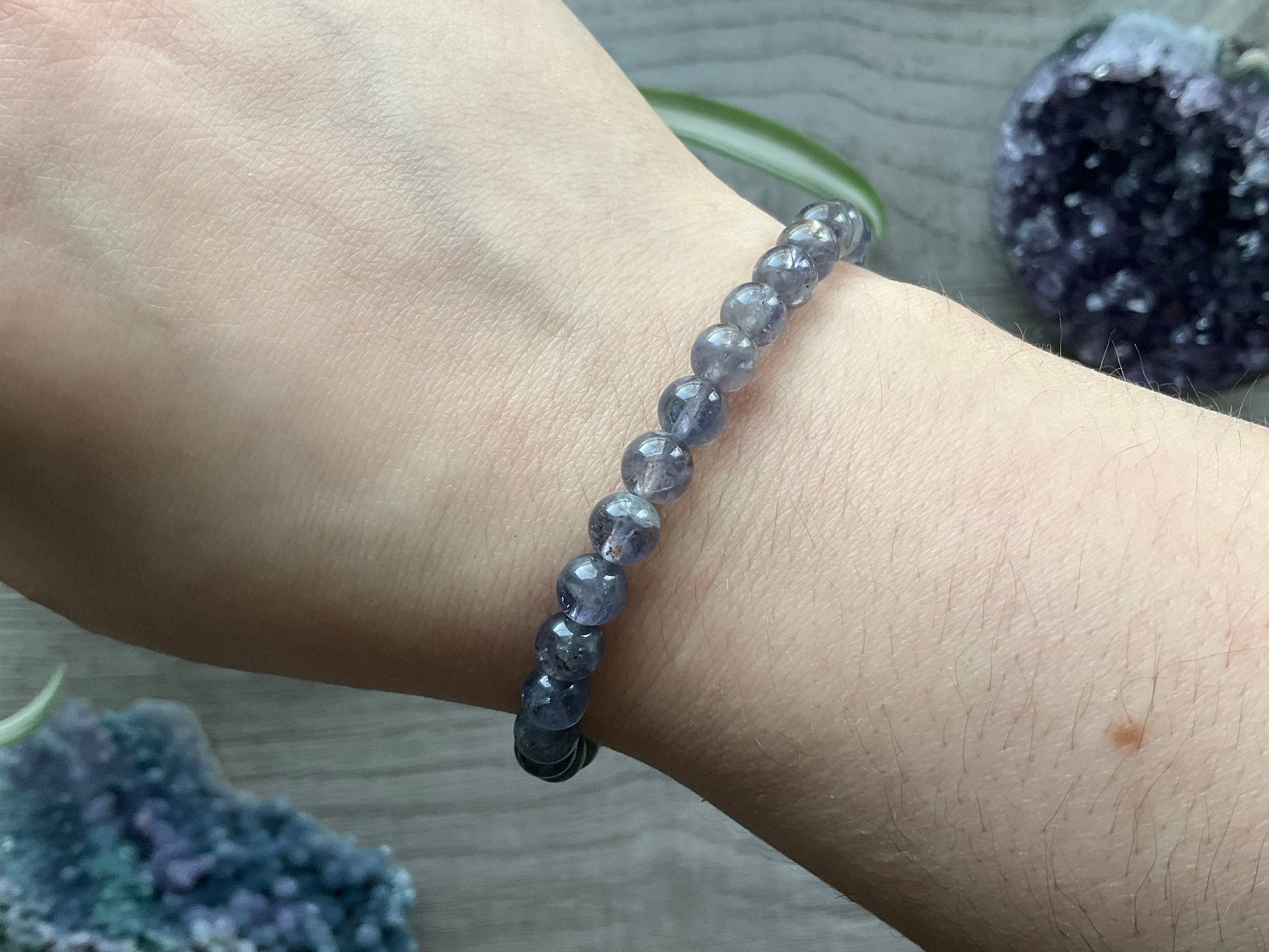 Pictured is an iolite bracelet.