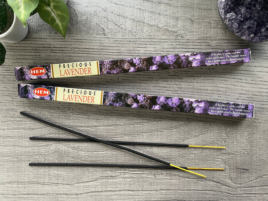 Pictured is a box of lavender incense.