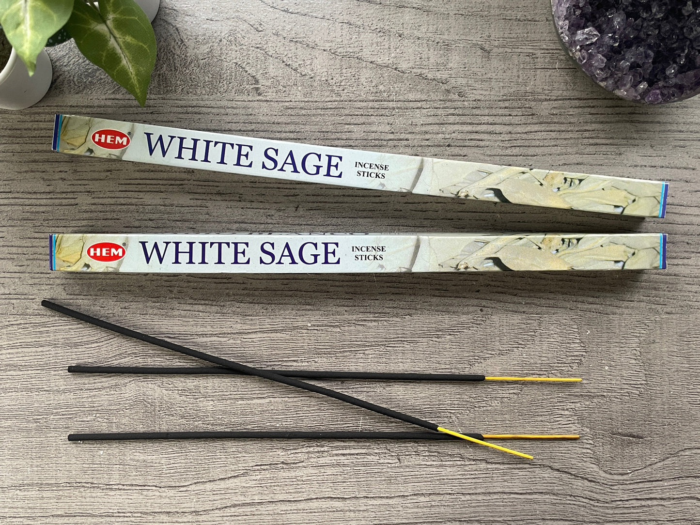 Pictured is a box of white sage incense.