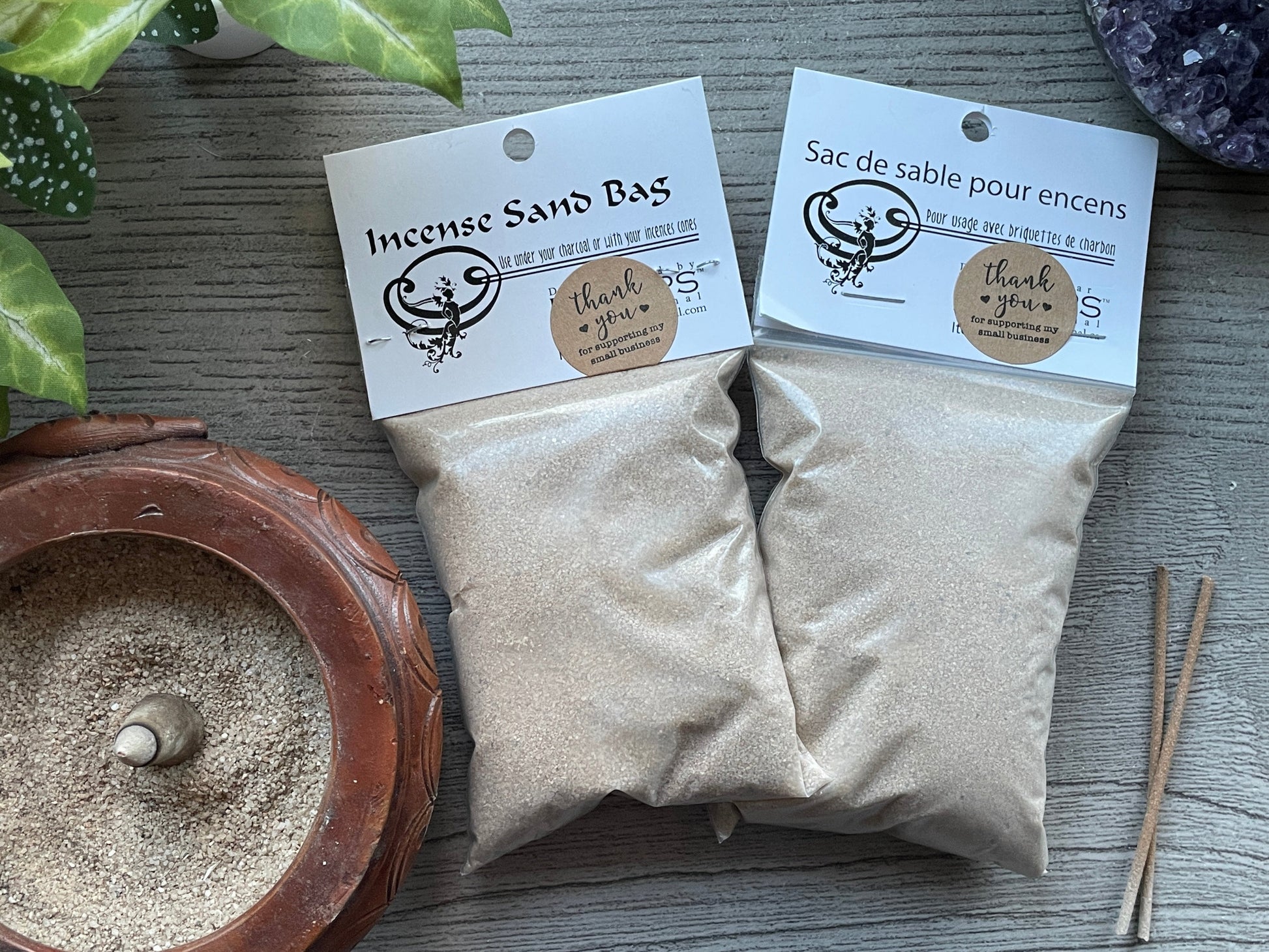 Pictured are bags of incense sand.