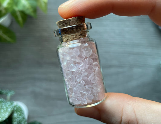 Pictured is a small glass vial with a cork stopper. Inside the jar are rose quartz chips.