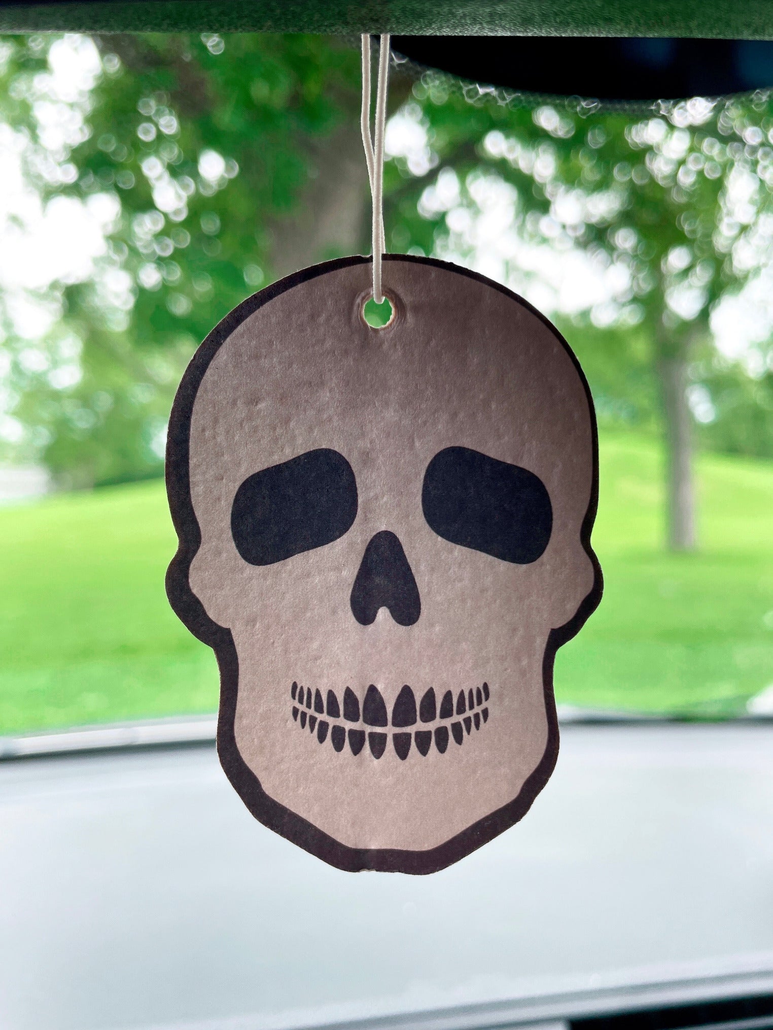 Pictured is an air freshener in the shape of a skeleton skull.