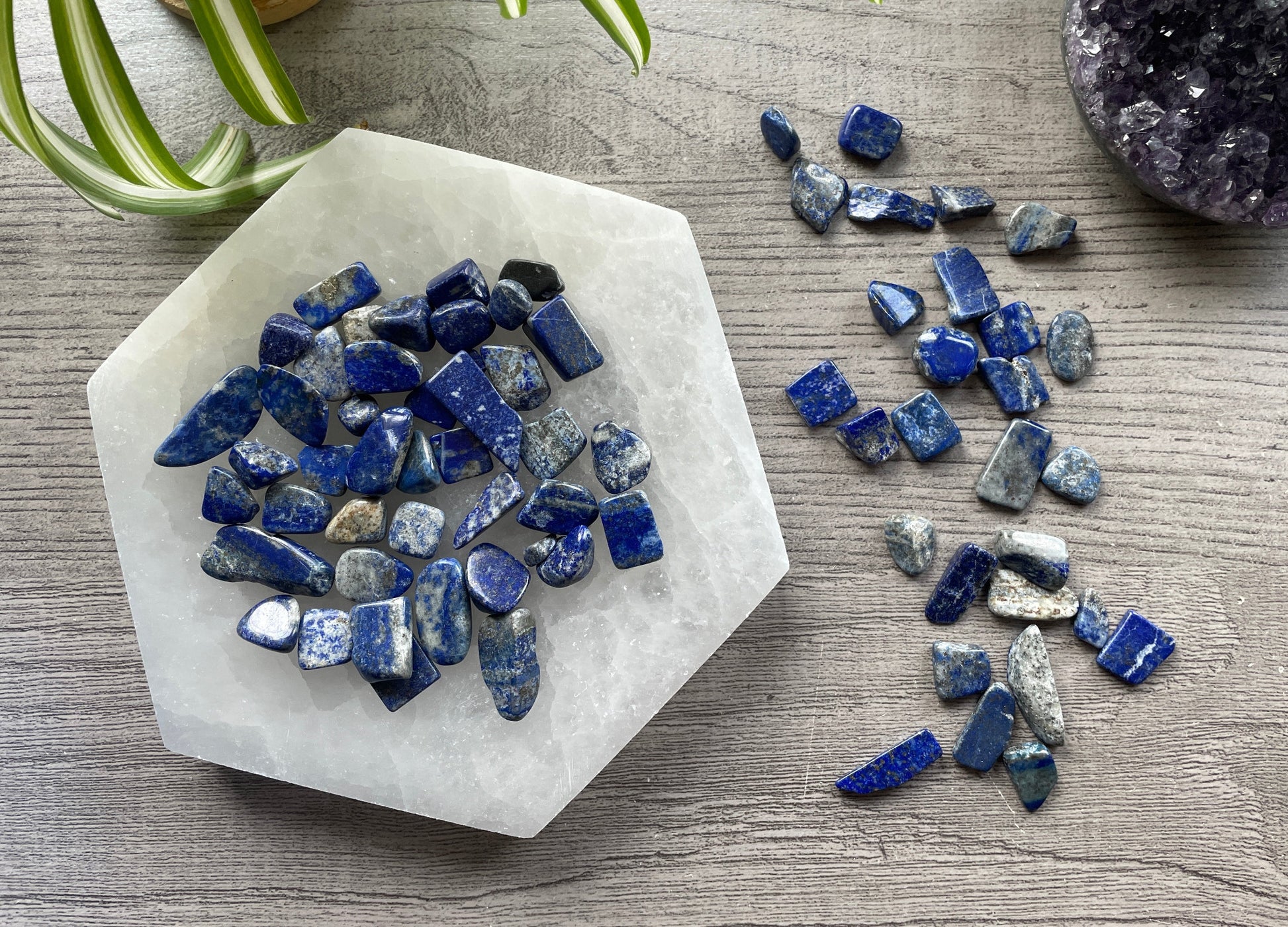 Pictured are various lapis lazuli tumbled stones.