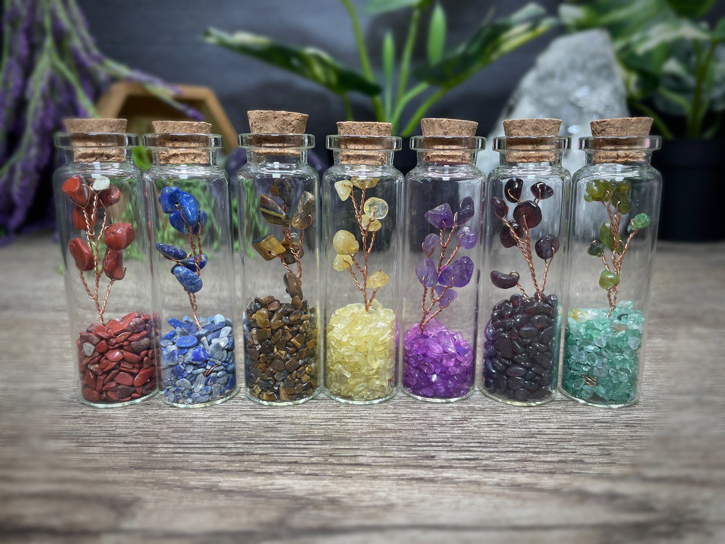 Pictured are various glass vials with various wire-wrapped crystal trees inside.