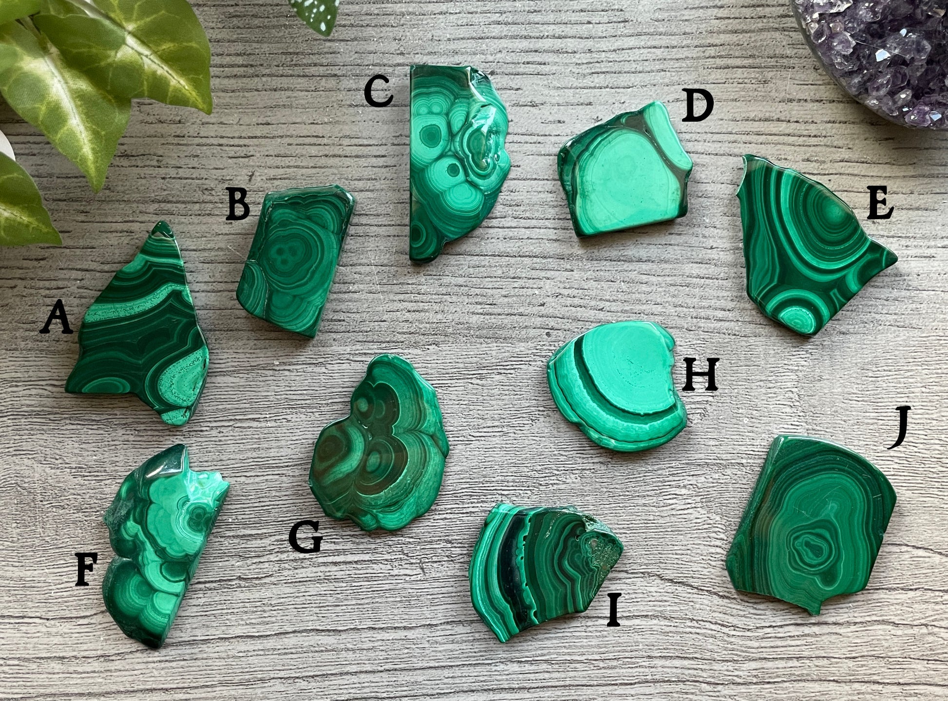 Pictured are various slabs of polished malachite.