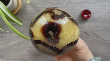 Pictured is a sphere carved out of septarian.